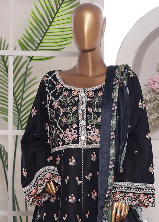 3 Piece Embroidred Stitched Navy Blue Color Lawn Frock with Trouser & Dupatta