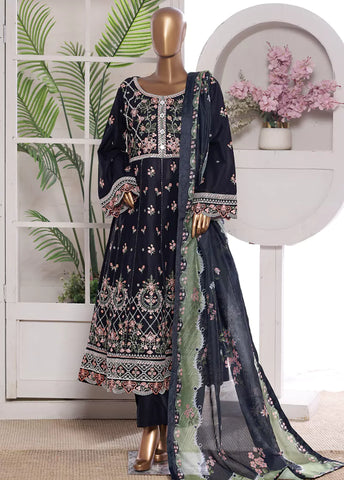 3 Piece Embroidred Stitched Navy Blue Color Lawn Frock with Trouser & Dupatta
