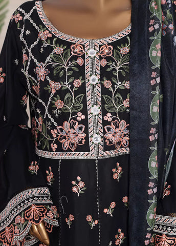 3 Piece Embroidred Stitched Navy Blue Color Lawn Frock with Trouser & Dupatta