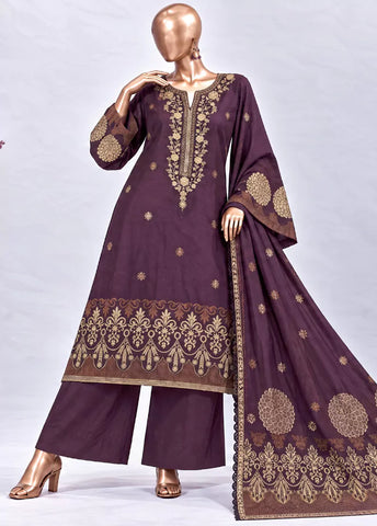 3 Piece Embroidered Stitched Plum Color Jacquard Cotton Shirt with Trouser & Dupatta