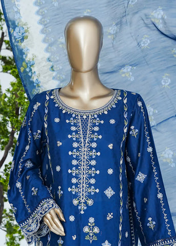 3 Piece Royal Blue Color Embroidered Jacquard Lawn Shirt with Embroidered Trouser & Dupatta