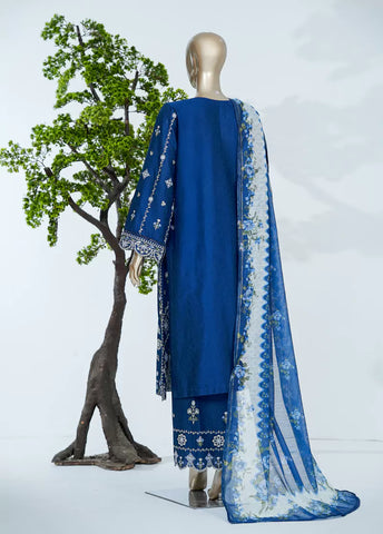 3 Piece Royal Blue Color Embroidered Jacquard Lawn Shirt with Embroidered Trouser & Dupatta