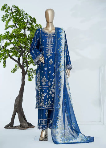 3 Piece Royal Blue Color Embroidered Jacquard Lawn Shirt with Embroidered Trouser & Dupatta