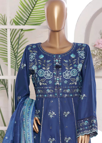 3 Piece Embroidred Stitched Blue Color Lawn Frock with Trouser & Dupatta