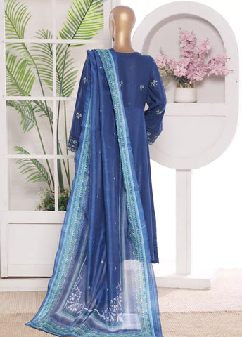 3 Piece Embroidred Stitched Blue Color Lawn Frock with Trouser & Dupatta