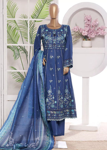 3 Piece Embroidred Stitched Blue Color Lawn Frock with Trouser & Dupatta