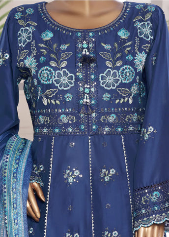3 Piece Embroidred Stitched Blue Color Lawn Frock with Trouser & Dupatta