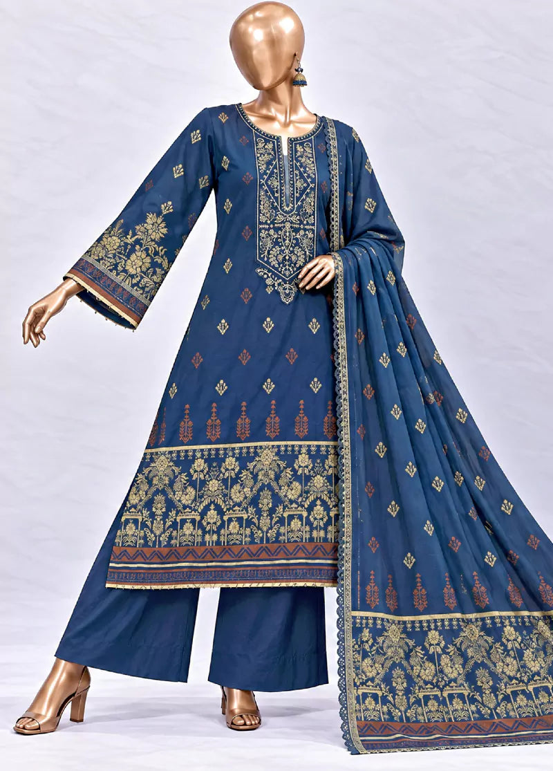 3 Piece Embroidered Stitched Navy Blue Color Jacquard Cotton Shirt with Trouser & Dupatta