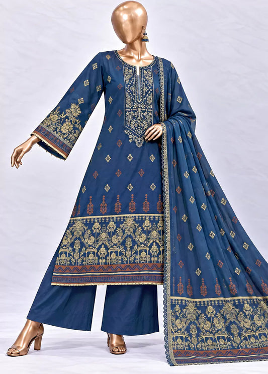 3 Piece Embroidered Stitched Navy Blue Color Jacquard Cotton Shirt with Trouser & Dupatta