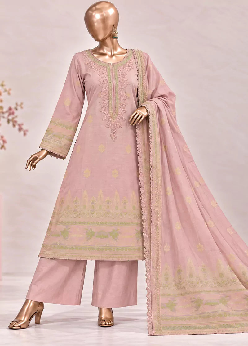 3 Piece Embroidered Stitched Pastel Pink Color Jacquard Cotton Shirt with Trouser & Dupatta