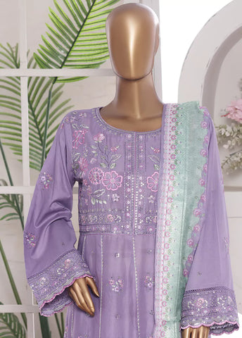 3 Piece Embroidred Stitched Lilac Color Lawn Frock with Trouser & Dupatta