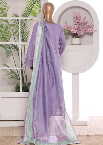 3 Piece Embroidred Stitched Lilac Color Lawn Frock with Trouser & Dupatta