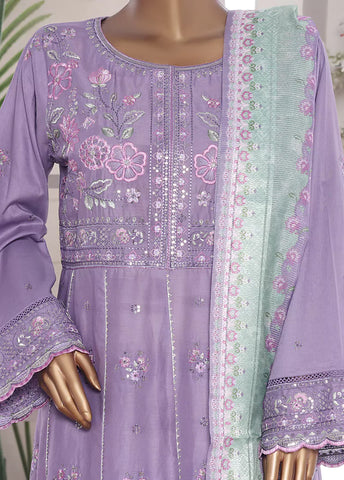 3 Piece Embroidred Stitched Lilac Color Lawn Frock with Trouser & Dupatta