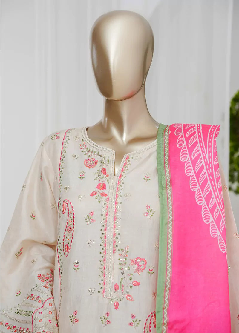 3 Piece Off White Color Embroidered Jacquard Lawn Shirt with Embroidered Trouser & Dupatta