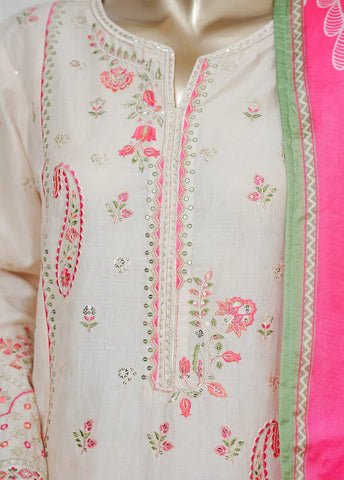 3 Piece Off White Color Embroidered Jacquard Lawn Shirt with Embroidered Trouser & Dupatta