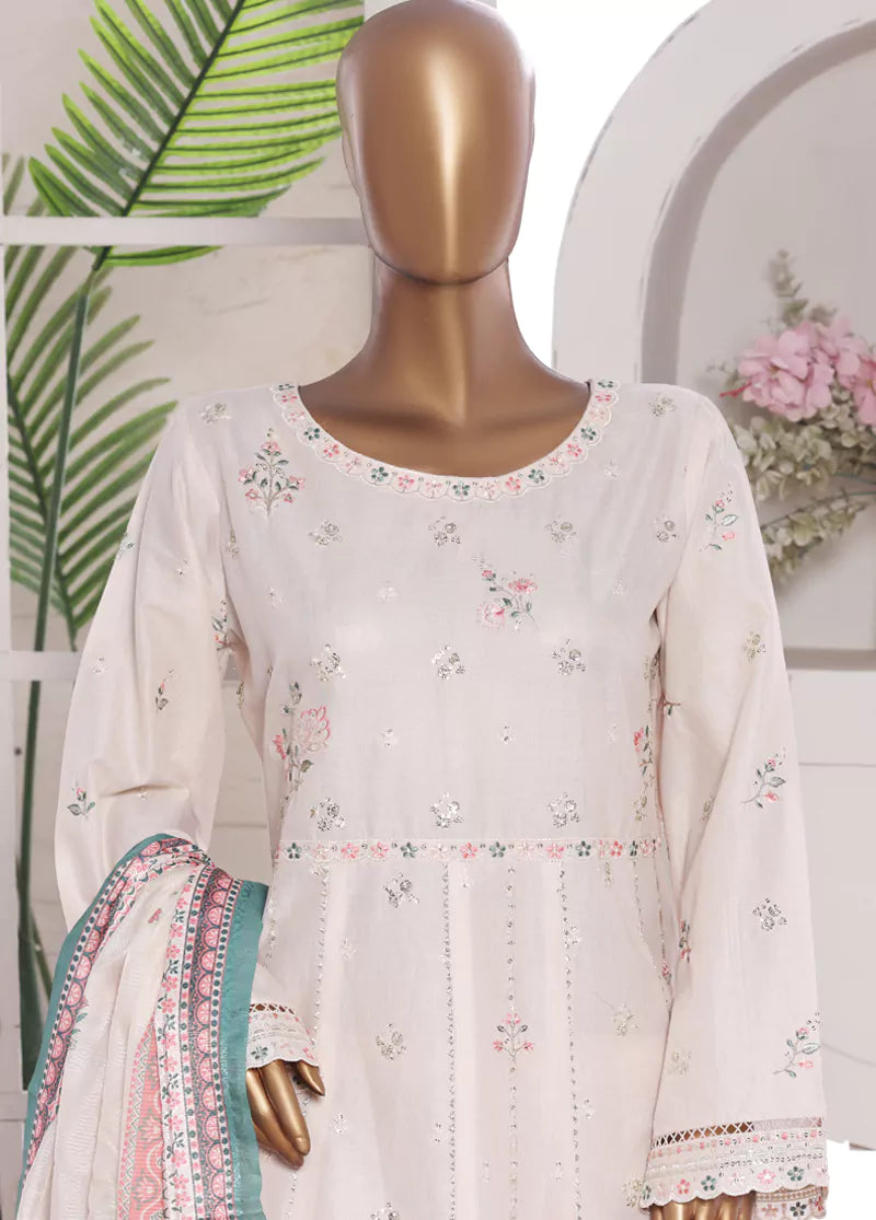 3 Piece Embroidred Stitched Ivory Color Lawn Frock with Trouser & Dupatta