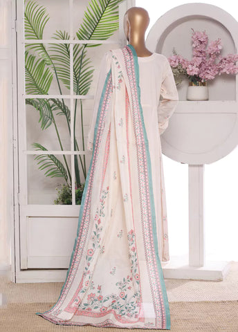 3 Piece Embroidred Stitched Ivory Color Lawn Frock with Trouser & Dupatta