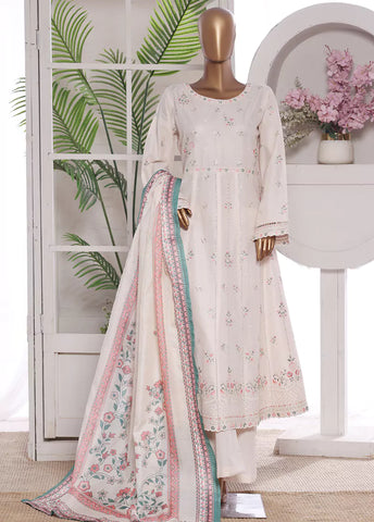 3 Piece Embroidred Stitched Ivory Color Lawn Frock with Trouser & Dupatta