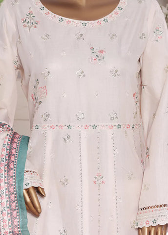 3 Piece Embroidred Stitched Ivory Color Lawn Frock with Trouser & Dupatta