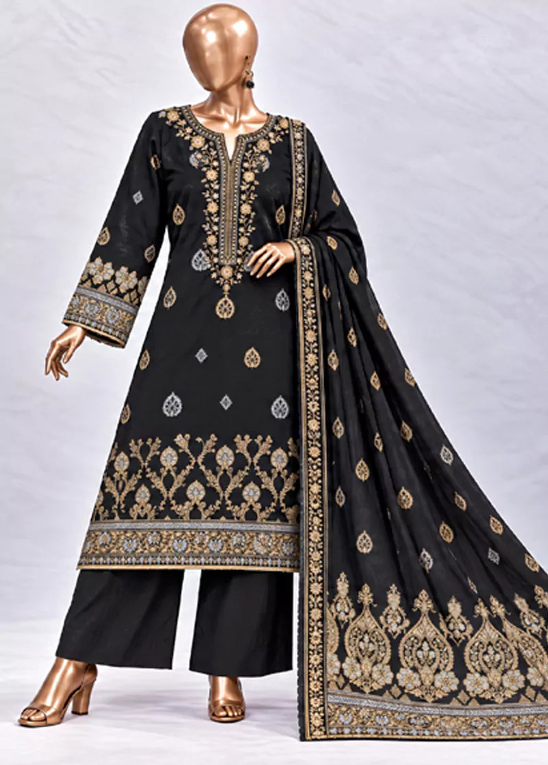 3 Piece Embroidered Stitched Black Color Jacquard Cotton Shirt with Trouser & Dupatta