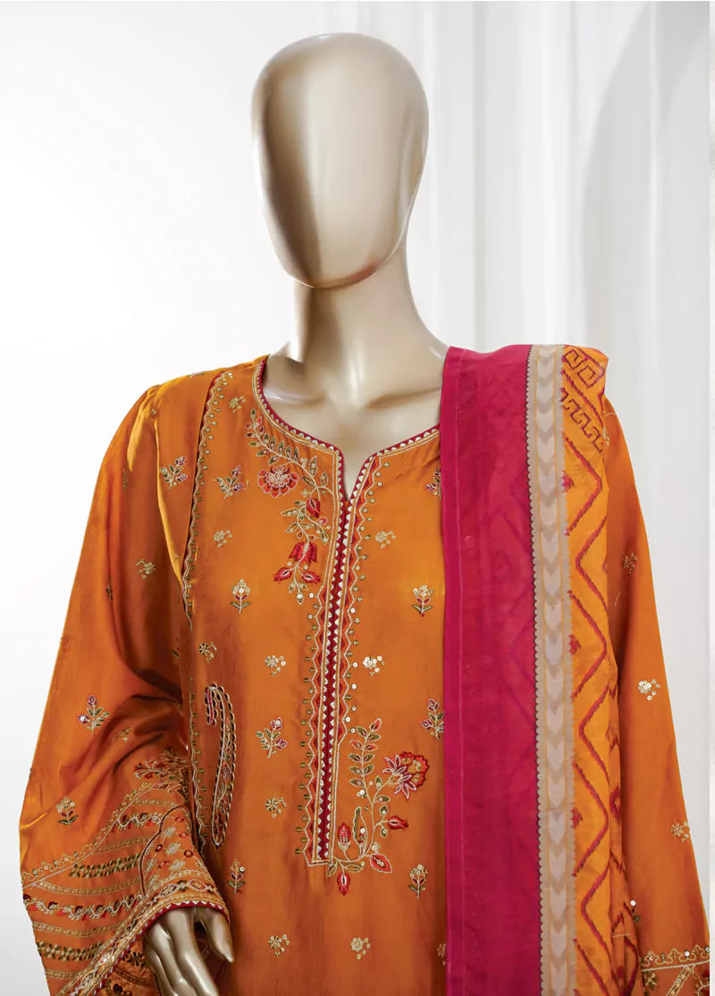 3 Piece Orange Color Embroidered Jacquard Lawn Shirt with Embroidered Trouser & Dupatta