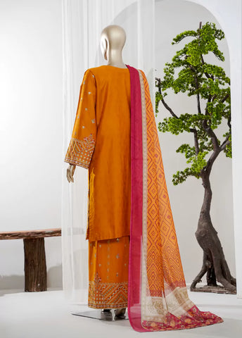 3 Piece Orange Color Embroidered Jacquard Lawn Shirt with Embroidered Trouser & Dupatta
