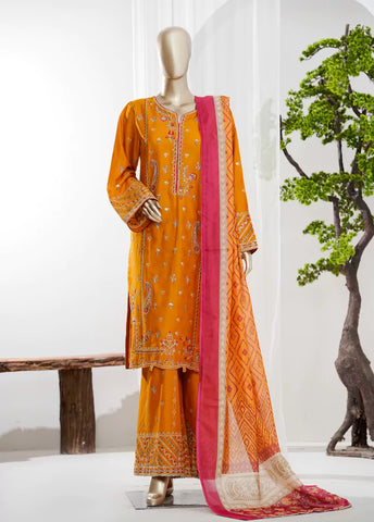 3 Piece Orange Color Embroidered Jacquard Lawn Shirt with Embroidered Trouser & Dupatta