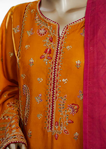 3 Piece Orange Color Embroidered Jacquard Lawn Shirt with Embroidered Trouser & Dupatta