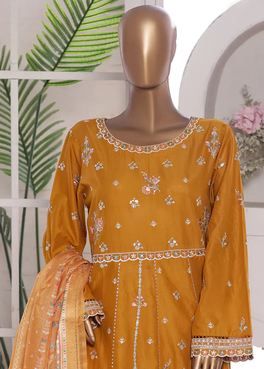 3 Piece Embroidred Stitched Merigold Orange Color Lawn Frock with Trouser & Dupatta
