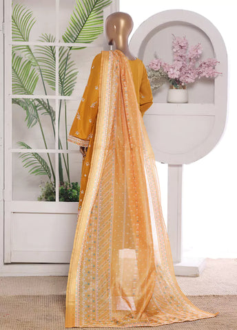3 Piece Embroidred Stitched Merigold Orange Color Lawn Frock with Trouser & Dupatta