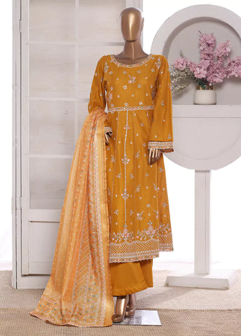 3 Piece Embroidred Stitched Merigold Orange Color Lawn Frock with Trouser & Dupatta