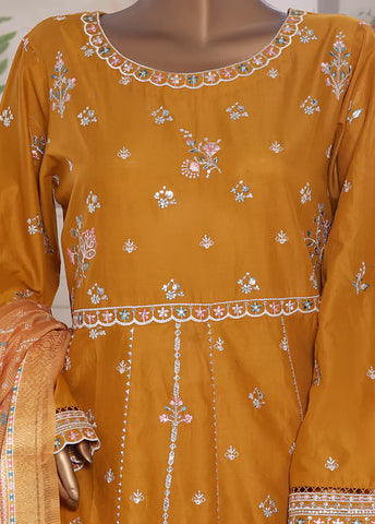 3 Piece Embroidred Stitched Merigold Orange Color Lawn Frock with Trouser & Dupatta