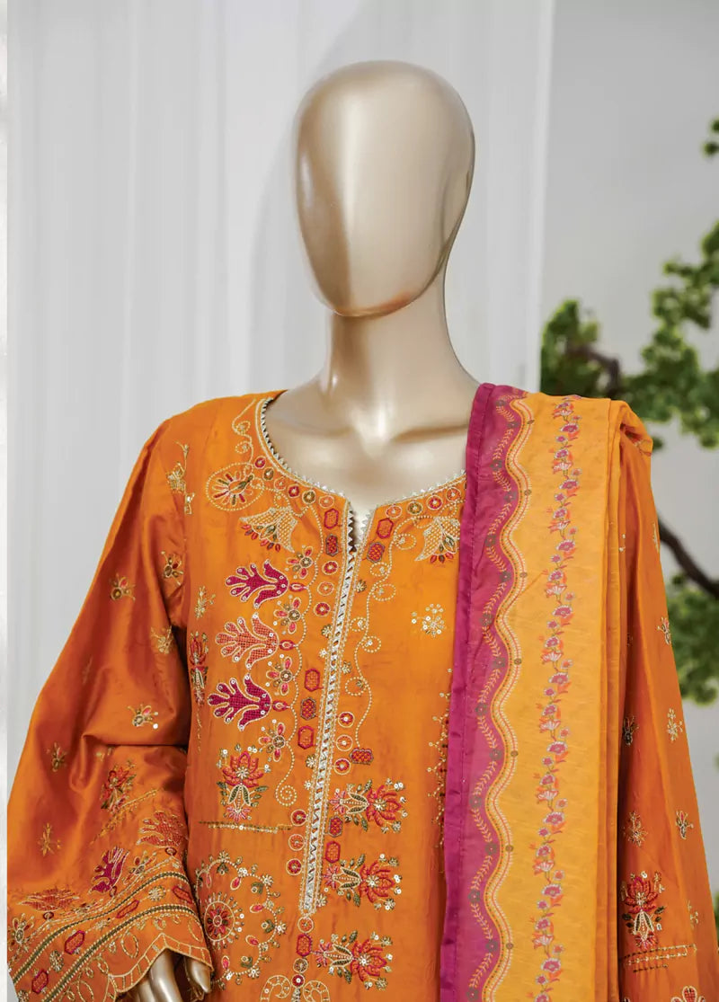 3 Piece Orange Color Embroidered Jacquard Lawn Shirt with Embroidered Trouser & Dupatta