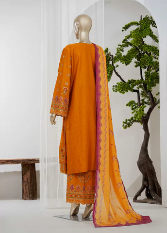 3 Piece Orange Color Embroidered Jacquard Lawn Shirt with Embroidered Trouser & Dupatta