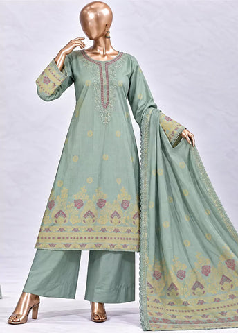 3 Piece Embroidered Stitched Seafoam Green Color Jacquard Cotton Shirt with Trouser & Dupatta