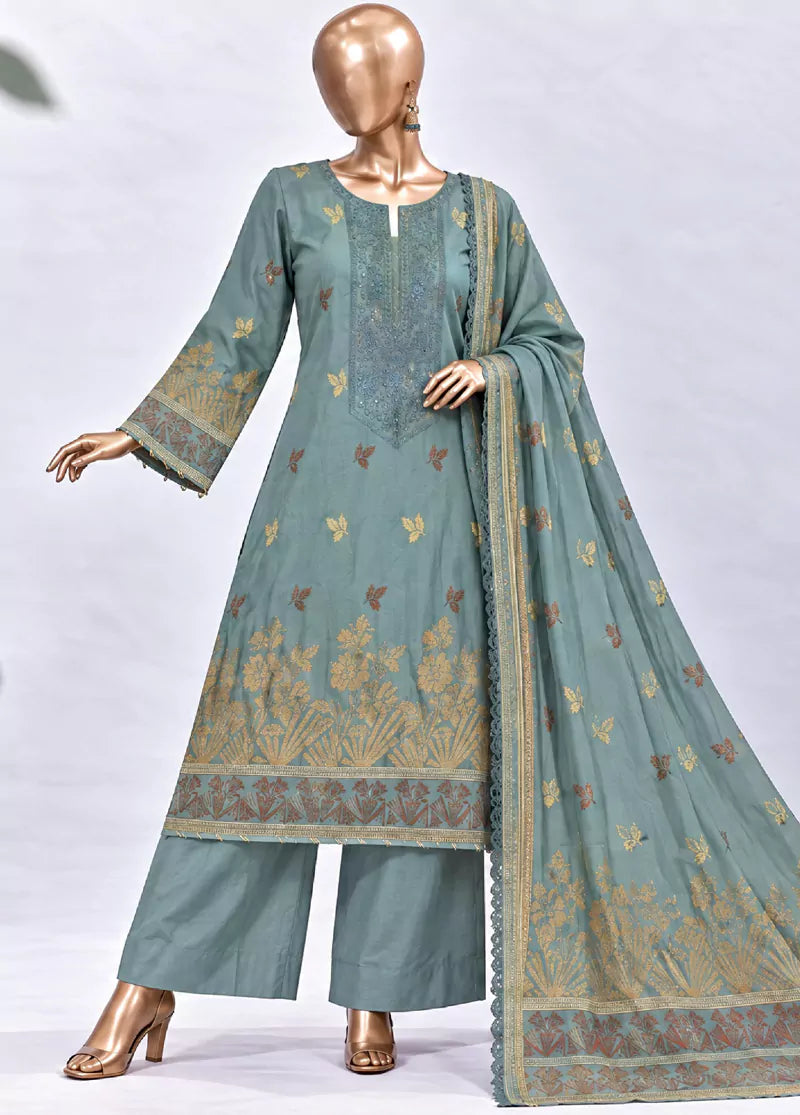 3 Piece Embroidered Stitched Pastel Blue Color Jacquard Cotton Shirt with Trouser & Dupatta