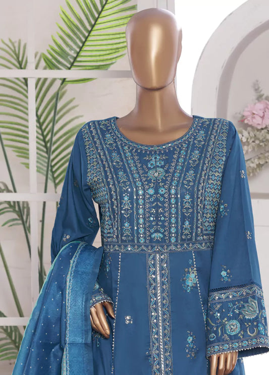 3 Piece Embroidred Stitched Blue Color Lawn Frock with Trouser & Dupatta