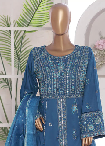 3 Piece Embroidred Stitched Blue Color Lawn Frock with Trouser & Dupatta