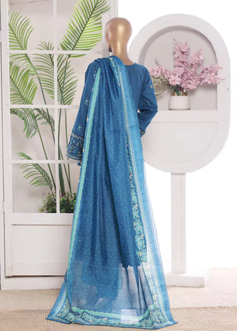3 Piece Embroidred Stitched Blue Color Lawn Frock with Trouser & Dupatta