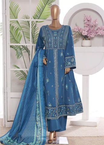 3 Piece Embroidred Stitched Blue Color Lawn Frock with Trouser & Dupatta