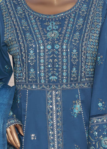3 Piece Embroidred Stitched Blue Color Lawn Frock with Trouser & Dupatta