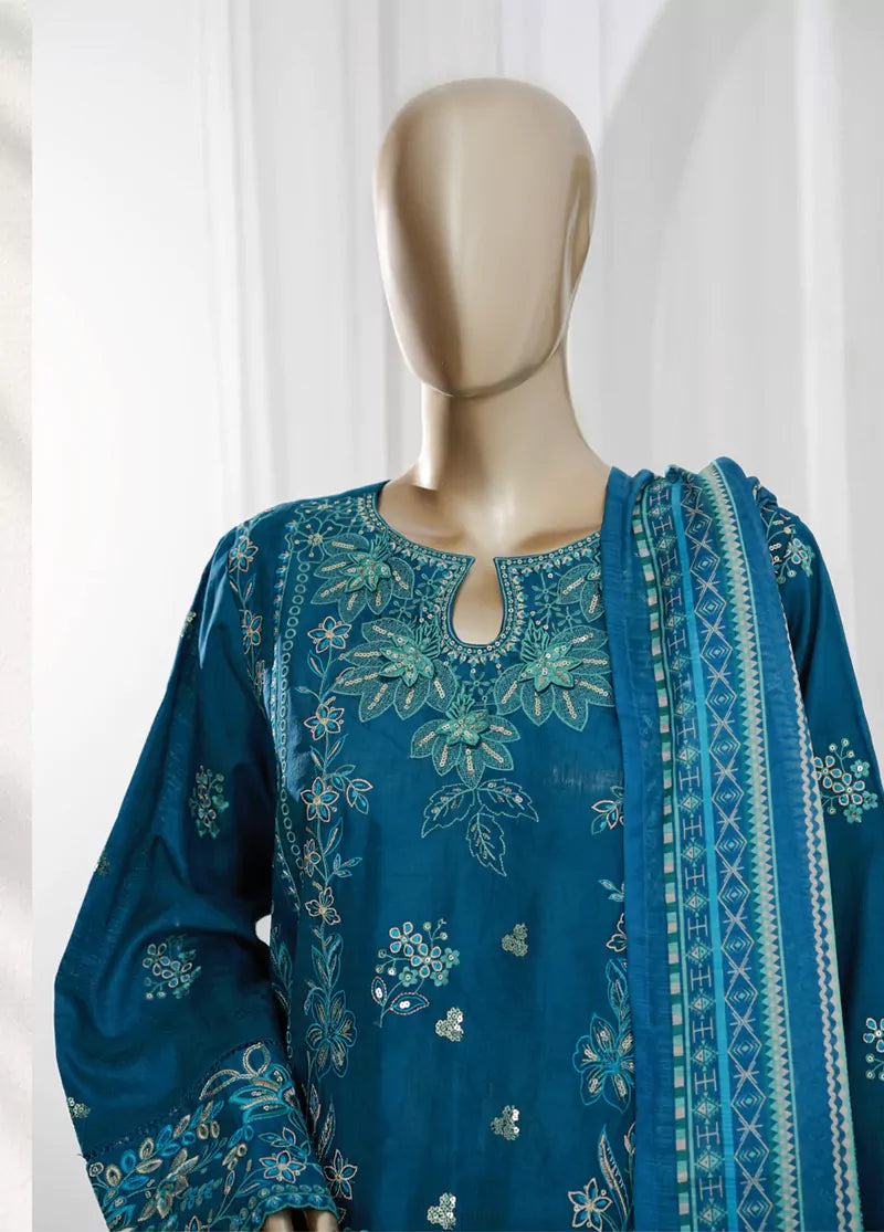 3 Piece Blue Color Embroidered Jacquard Lawn Shirt with Embroidered Trouser & Dupatta