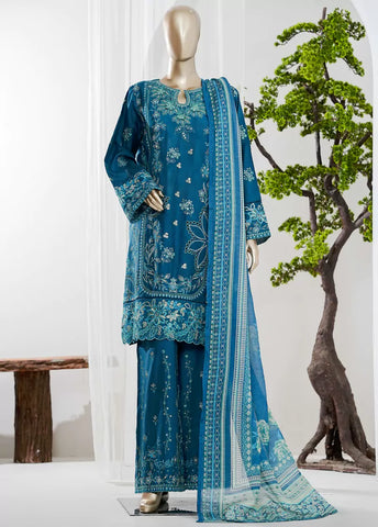 3 Piece Blue Color Embroidered Jacquard Lawn Shirt with Embroidered Trouser & Dupatta
