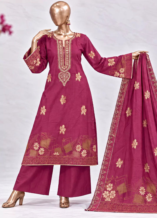 3 Piece Embroidered Stitched Hot Pink Color Jacquard Cotton Shirt with Trouser & Dupatta