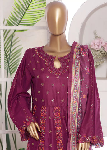 3 Piece Embroidred Stitched Margenta Color Lawn Frock with Trouser & Dupatta
