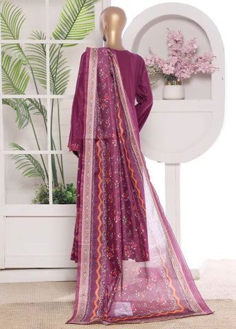 3 Piece Embroidred Stitched Margenta Color Lawn Frock with Trouser & Dupatta
