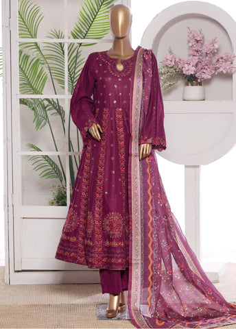 3 Piece Embroidred Stitched Margenta Color Lawn Frock with Trouser & Dupatta