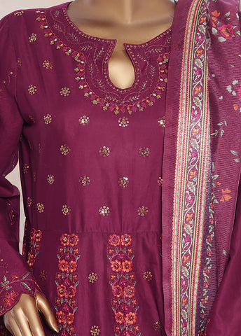 3 Piece Embroidred Stitched Margenta Color Lawn Frock with Trouser & Dupatta