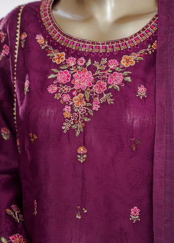 3 Piece Margenta Color Embroidered Jacquard Lawn Shirt with Embroidered Trouser & Dupatta