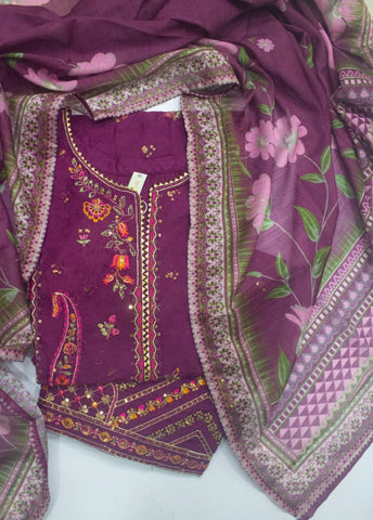 3 Piece Plum Color Embroidered Jacquard Lawn Shirt with Trouser & Dupatta